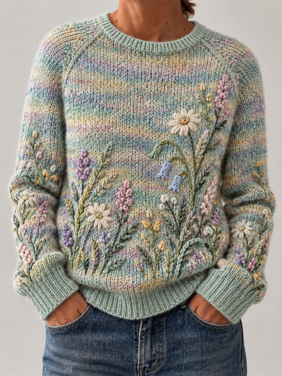 Kvinnlig vintage elegant tröja med bred rand och vild blommig konstprint