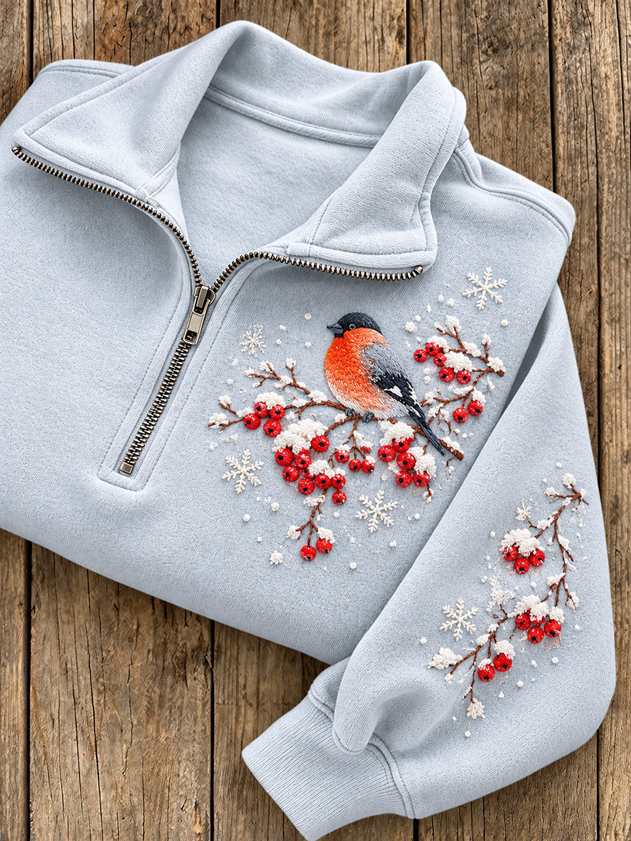Kvinnors vinter Bullfinch mönster Casual Half-Zip Sweatshirt