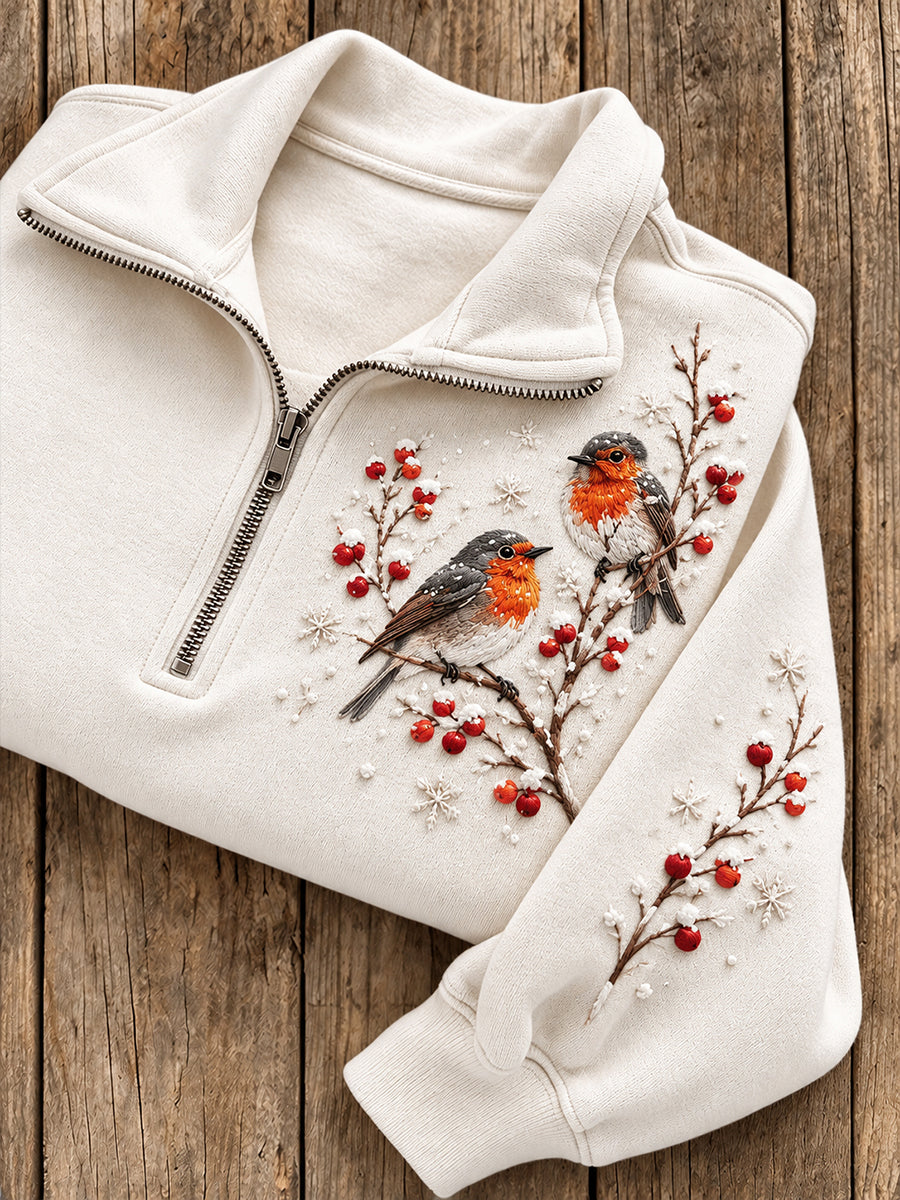 Kvinnors snöiga vinter Robins på grenen Print Zip Up Sweatshirt