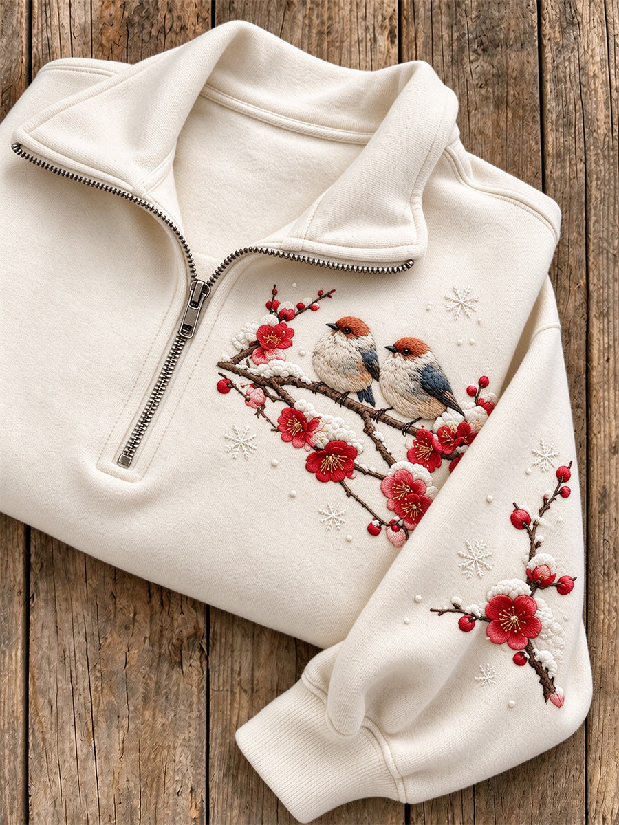 Kvinnors snöig vinter två fåglar på grenen Print Zip Up Sweatshirt