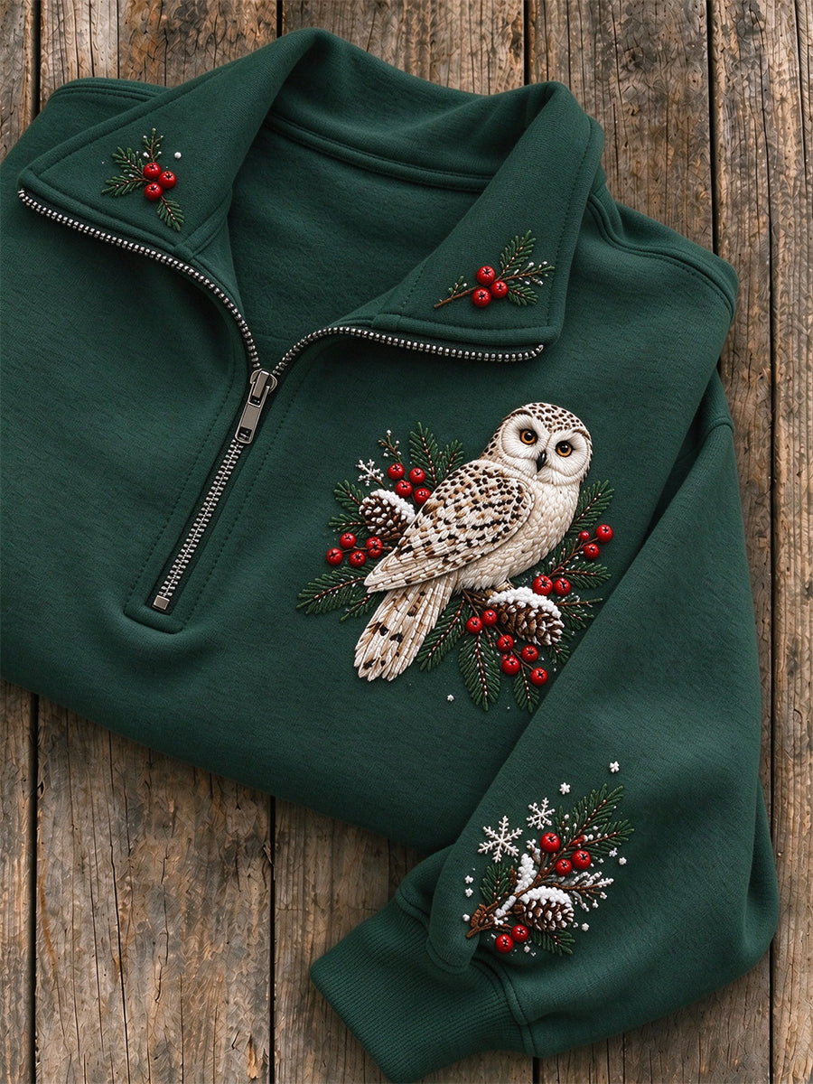 Kvinnors vinter Snöiga snöuggla på grenen Print Zip Up Sweatshirt