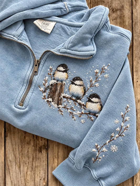 Kvinnor Poecile Atricapillus och blomster mönster Casual Half-Zip Sweatshirt