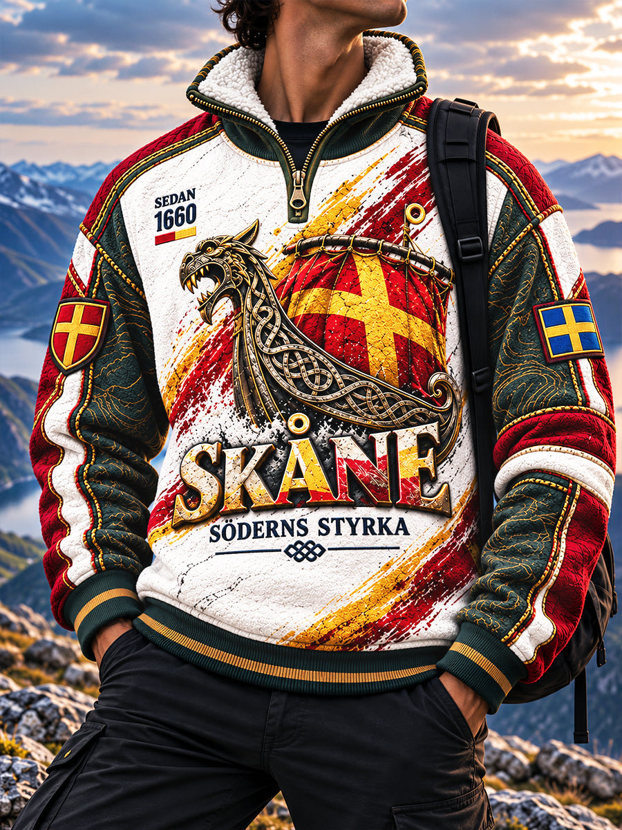 Mäns Vintage Svenska Skåne Patchwork Skriv ut Casual Stand-Up Krage Sweatshirt
