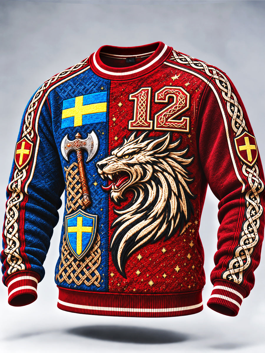 Herrsvetttröja i skånsk stil med mönstrad patchwork-look, avslappnad stil