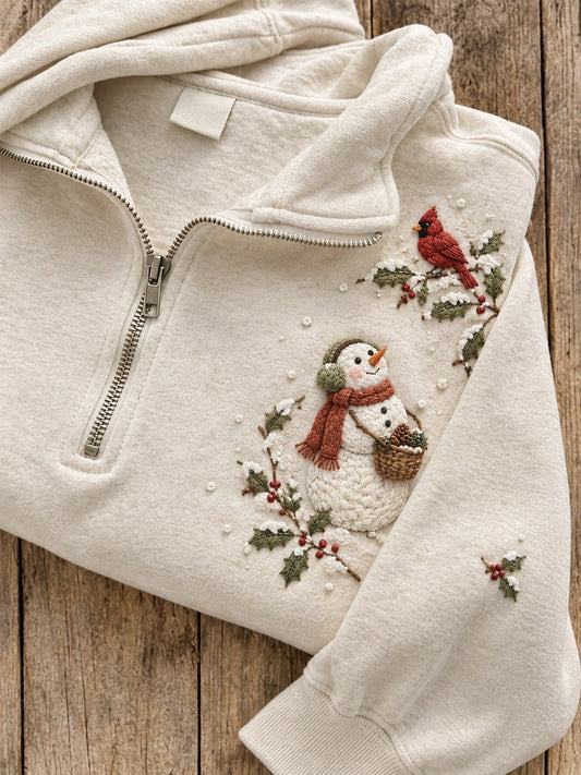 Kvinnors snöig vinter Snowman & röd kardinal Print Zip Up Sweatshirt