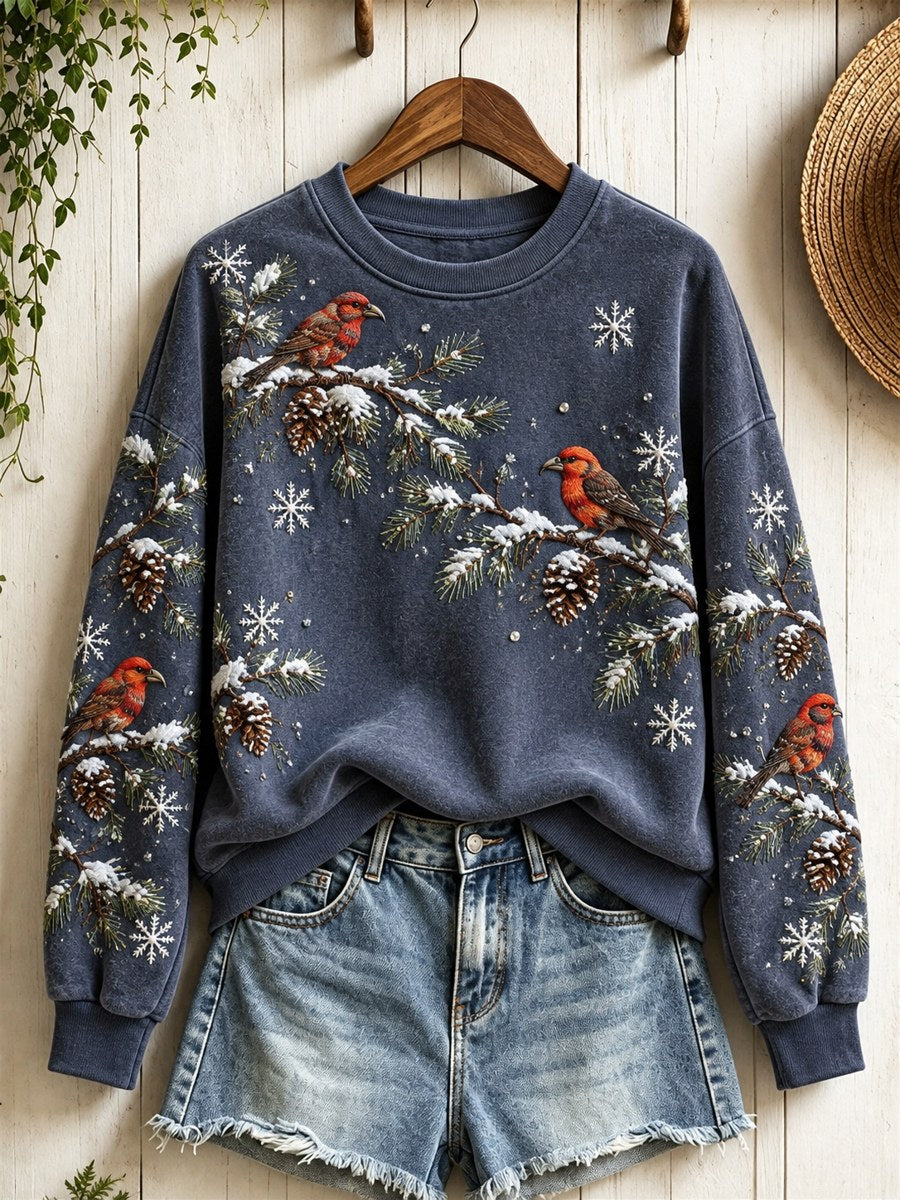 Kvinnors snöiga vinter röda kors fåglar på grenar Print Sweatshirt