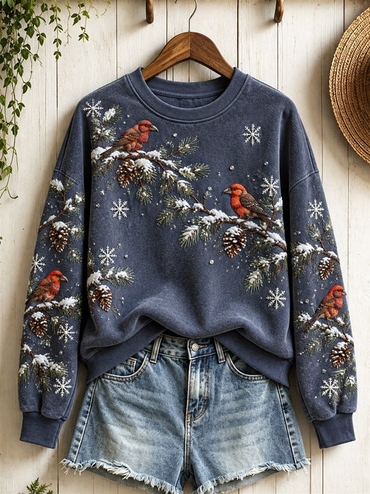 Kvinnors snöiga vinter röda kors fåglar på grenar Print Sweatshirt