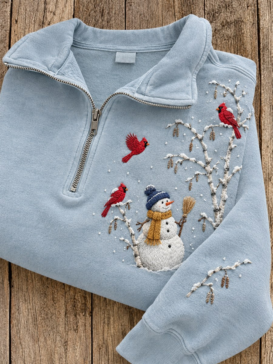 Damtröja med dragkedja, snöig vintermotiv med snögubbe och röda kardinaler
