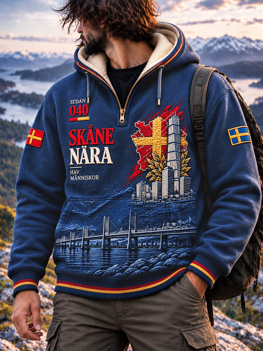 Mäns mörkblå Svenska Skåne-Print Casual Zip-Up Hoodie.