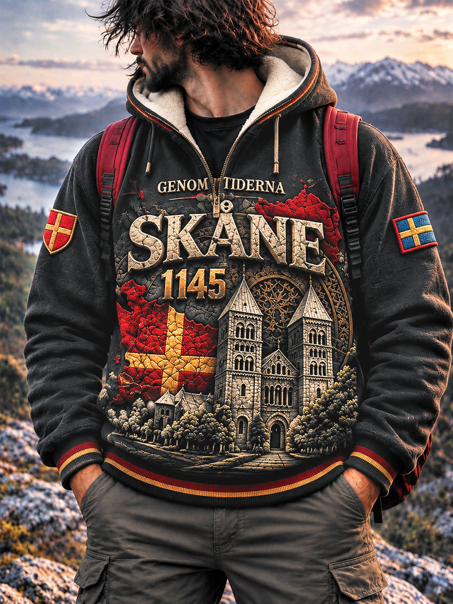 Mäns svart svenska Skåne-tryckt Casual Zip-Up Hoodie.