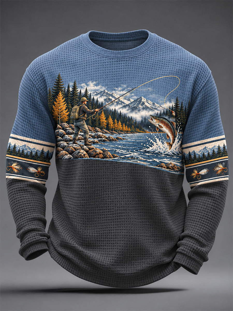 Mans Vintage Vildmark Fiskeprint Waffeltröja med Lång Ärm