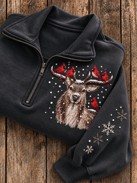 Kvinnors snöig vinter stav & kardinal Print Casual Half-Zip Sweatshirt