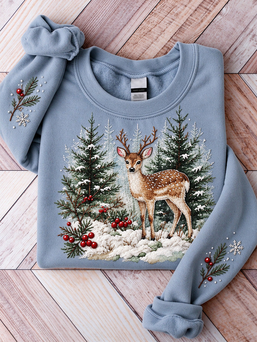 Kvinnors snöig vinter Hjort & tall Print Casual Sweatshirt