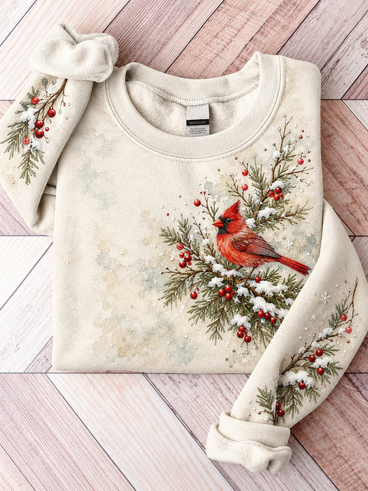Kvinnors vinterröd kardinal i snöig tall Gren Skriv ut Casual Sweatshirt