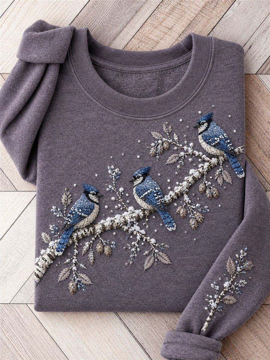 Kvinnors snöig vinter blå jay fåglar på Braches Print Sweatshirt