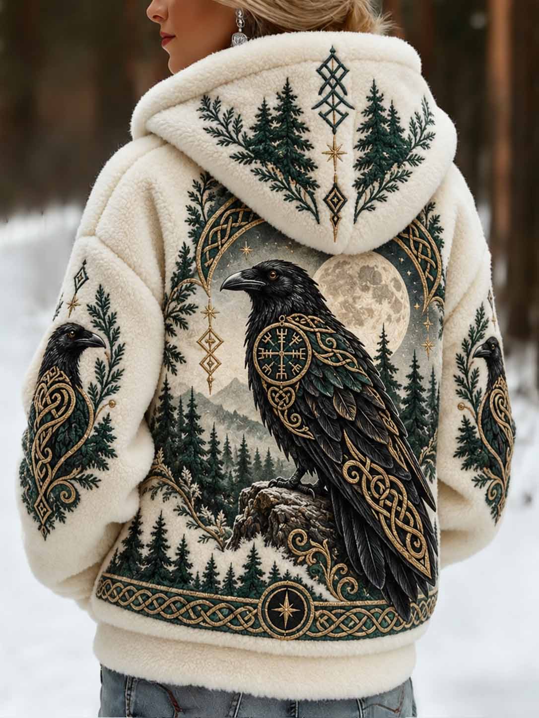 Kvinnors nordiska kråka Print Hoodie Jacka
