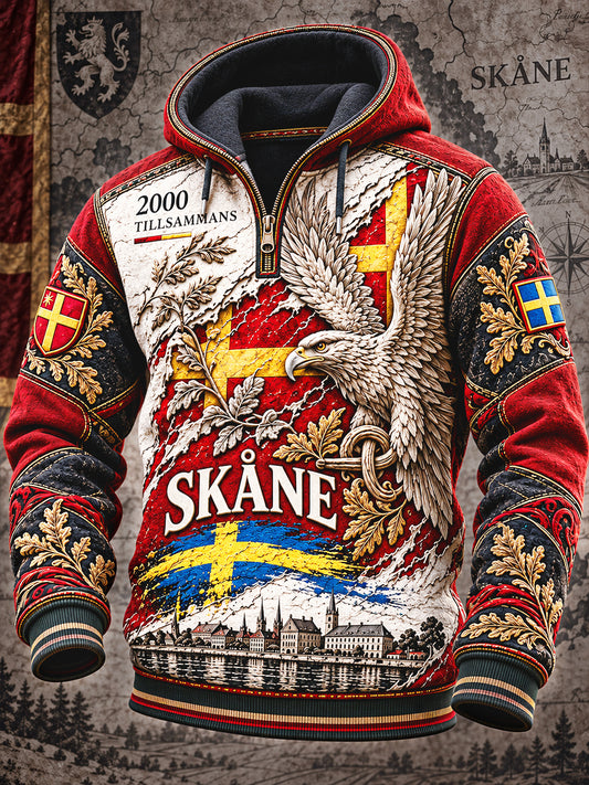 Herrkläder Vintage Svensk Skåne-mönstrad Casual Tröja med Huva