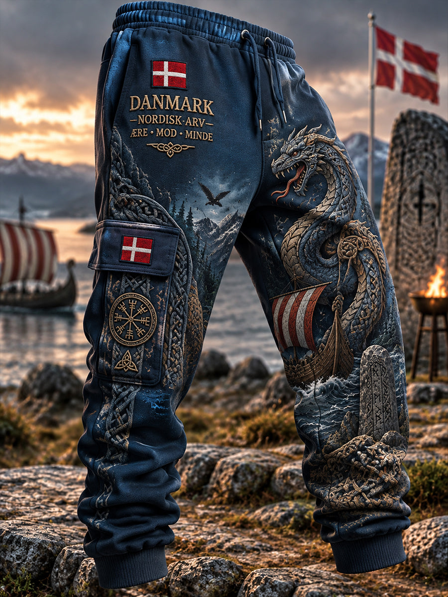 Långa cargobyxor för män med vikingatema och grafiskt mönster