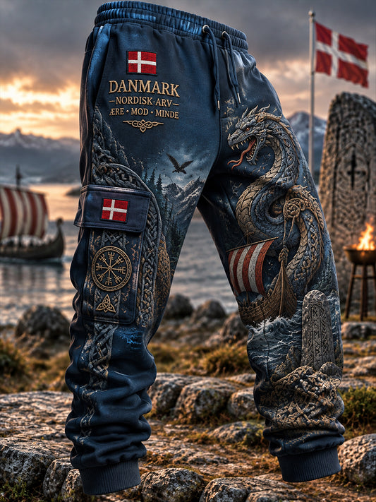 Långa cargobyxor för män med vikingatema och grafiskt mönster