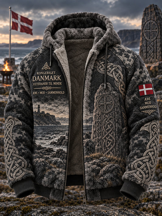 Mansflanelljacka med huva och vikingainspirerade grafiska tryck