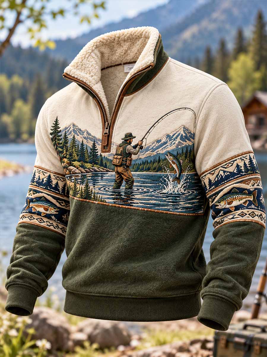 Vintage-sweatshirt för män med fiske- och livsstilsmotiv