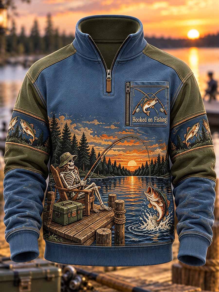 Vintage-sweatshirt för män med fiske- och livsstilsmotiv
