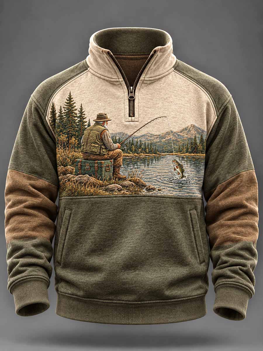 Vintage-sweatshirt för män med fiske- och livsstilsmotiv