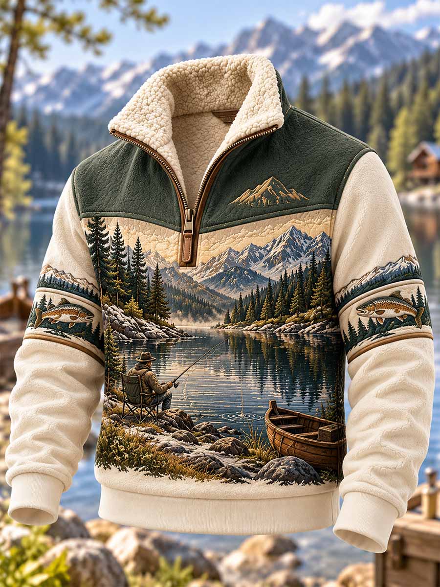 Vintage-sweatshirt för män med fiske- och livsstilsmotiv