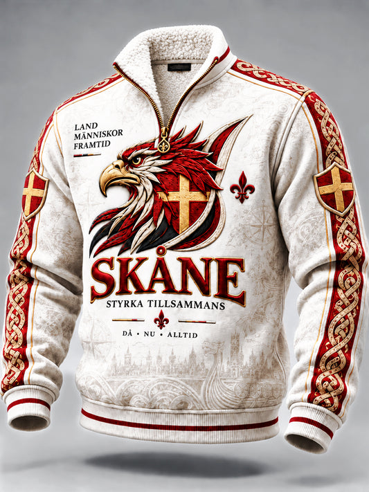 Vit, skånskinspirerad tryckt casual sweatshirt med dragkedja för män