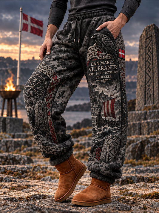 Mäns Vintage-stil flannel byxor med viking-insspirerade trykten