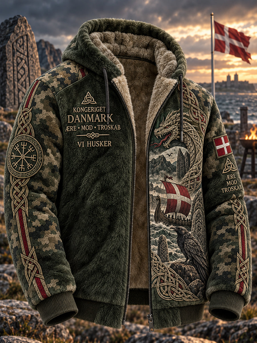 Mäns Vintage-styl flannel huvad jacka med vikinga-tema print