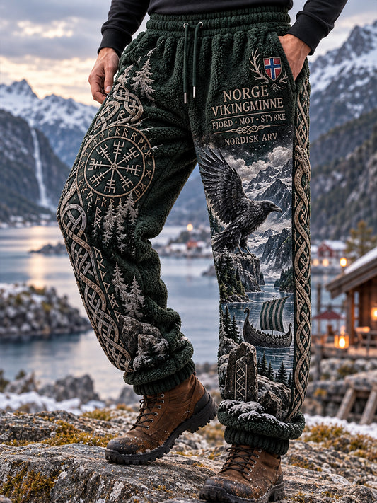 Herrbyxor i vintagestil av flanell med vikingainspirerade mönster