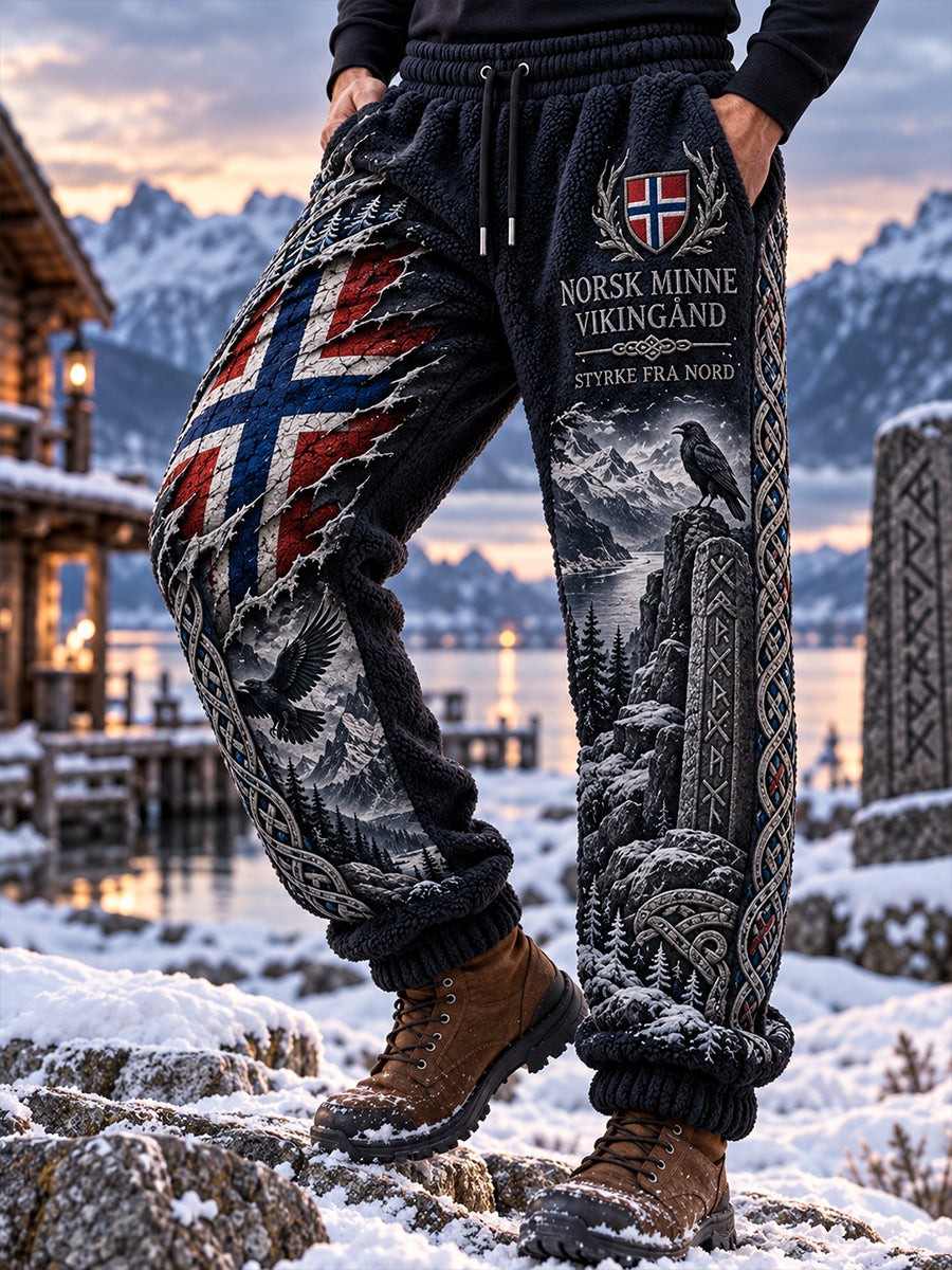 Herrbyxor i vintagestil av flanell med vikingainspirerade mönster