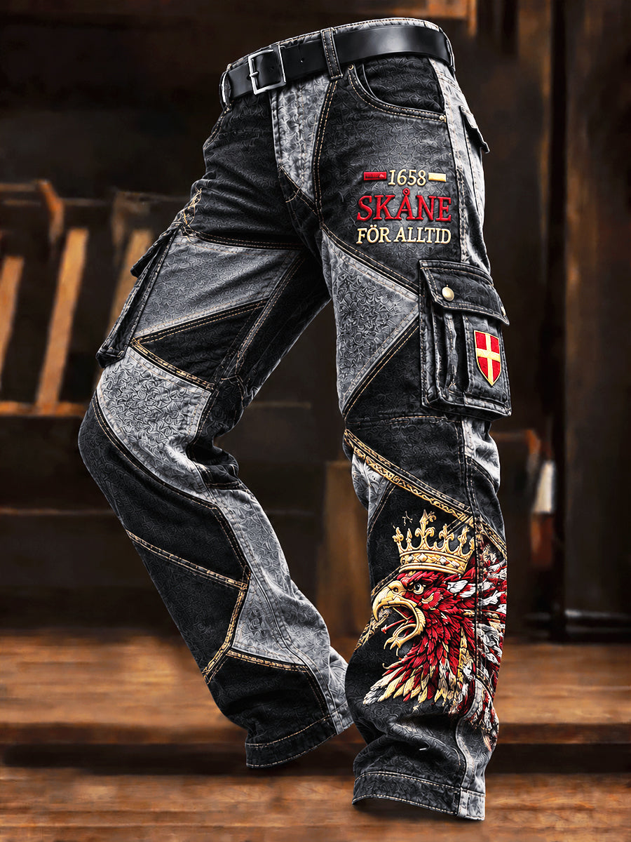 Mäns svart svenska Skåne Patchwork-Print Casual Work Byxor