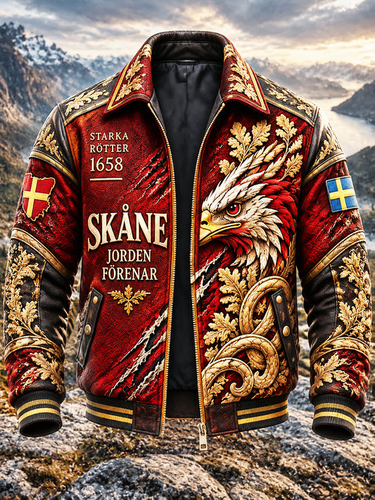 Mäns Vintage Röd Svenska Skåne-Print Casual Jacka