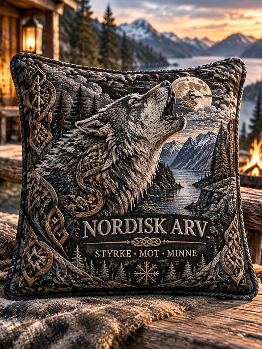 Kuddfodral med minnesmotiv av ett mytiskt vikingaväsen