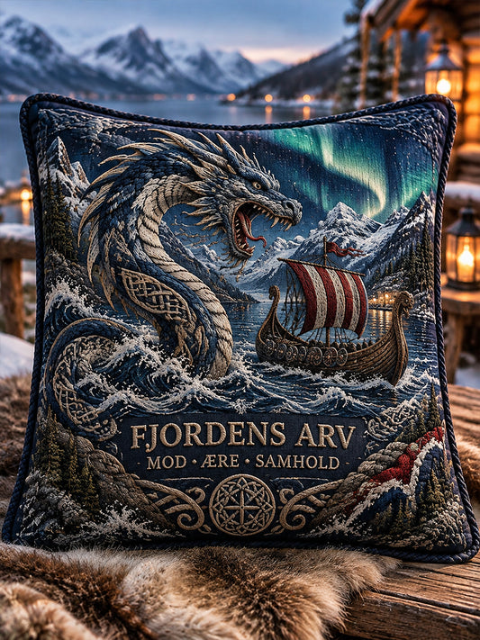 Kuddfodral med minnesmotiv av ett mytiskt vikingaväsen