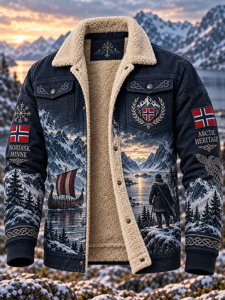 Herrjacka med fleecefoder och tryck inspirerat av mytiska vikingavarelser.