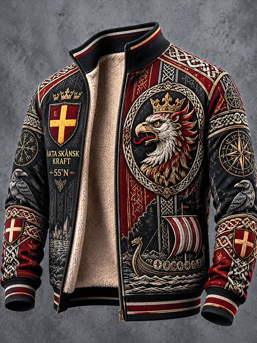 Mäns Svarta Skåne Griffin Patchwork Skriv ut Casual Fleece-Lined Jacka