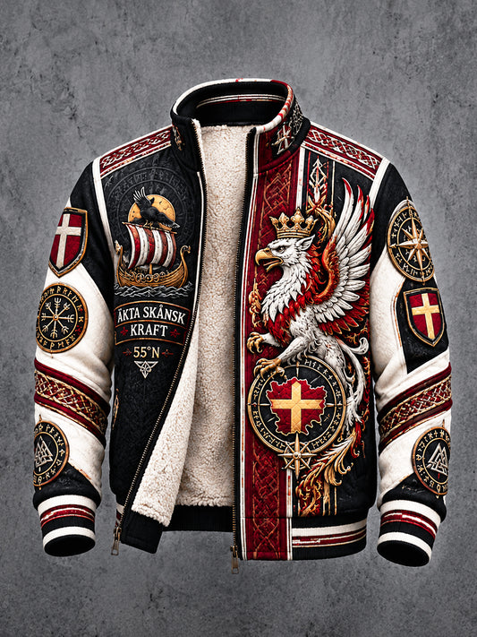 Mäns svenska Skåne Griffin Patchwork Skriv ut Casual Fleece-Lined Jacka
