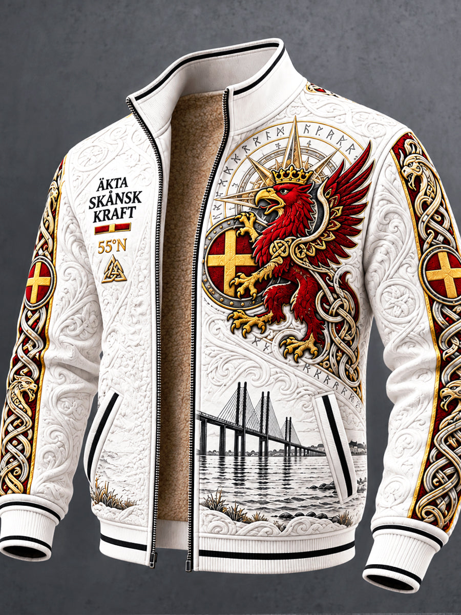 Vit Svenska Skåne Griffin Skriv ut Casual Fleece-Lined Jacka