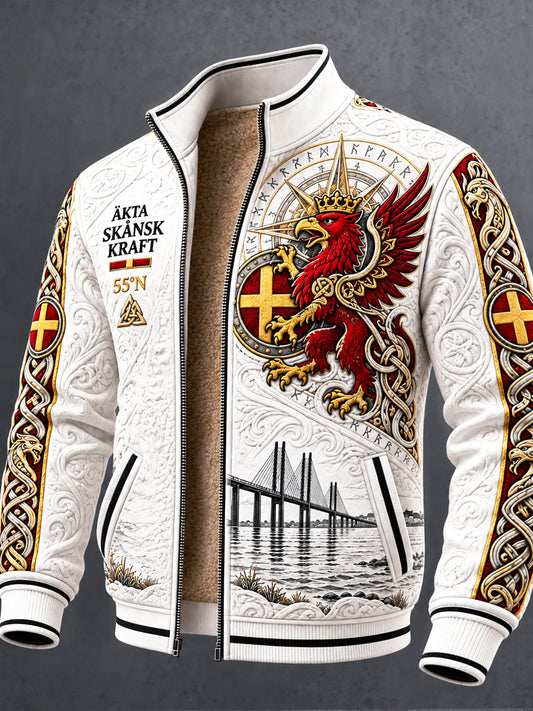 Vit Svenska Skåne Griffin Skriv ut Casual Fleece-Lined Jacka