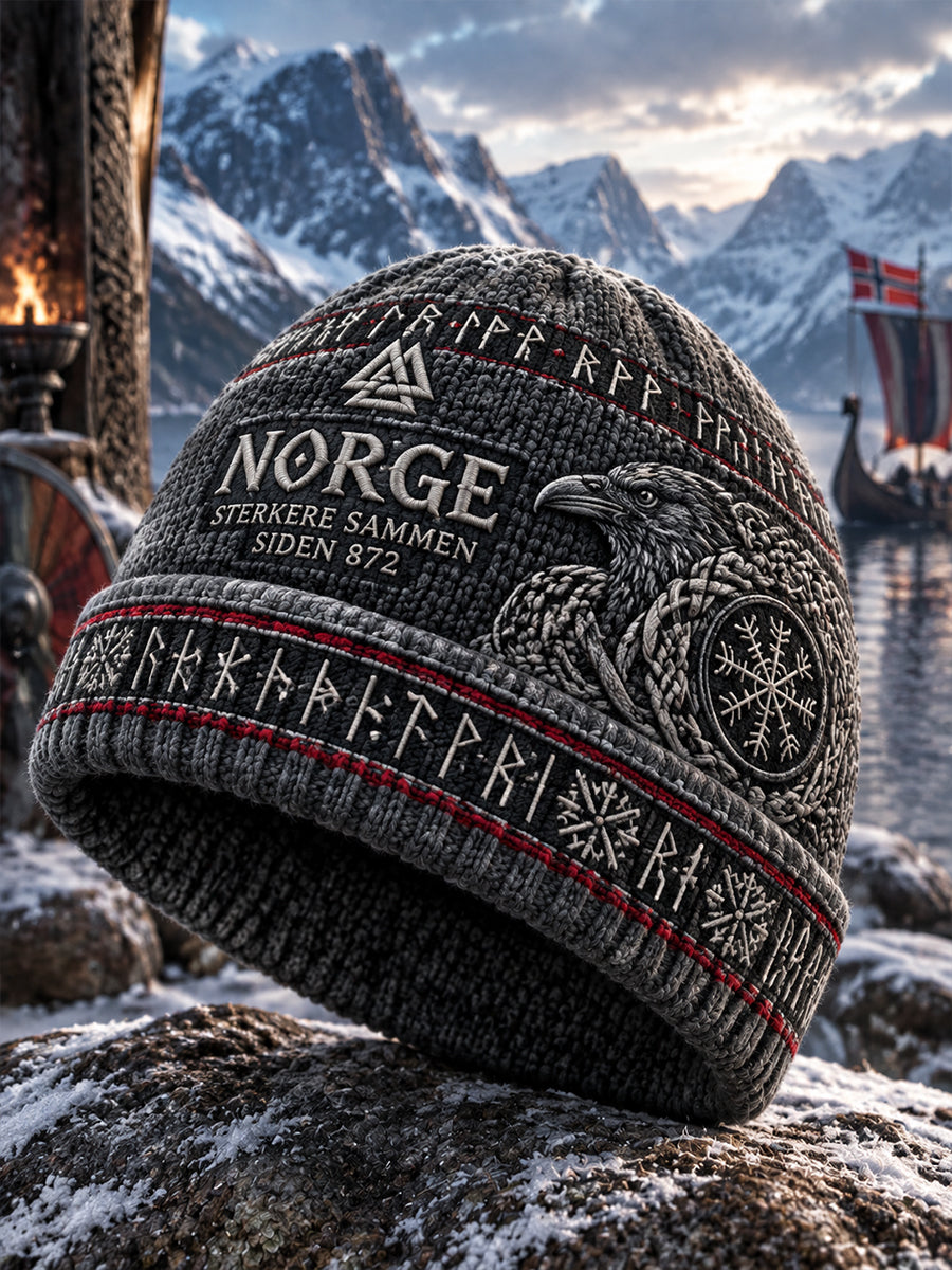 Herrmössa i vintagestil med vikingainspirerat tryck