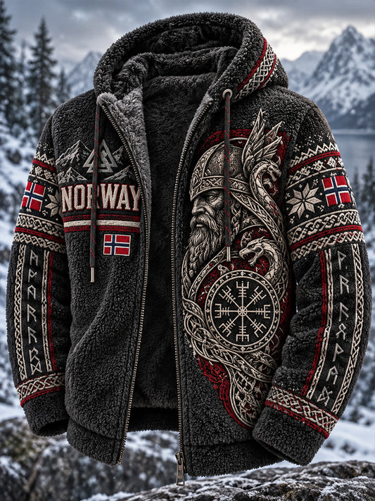 Herrjacka i vintagestil av flanell med vikingainspirerade mönster, med huva