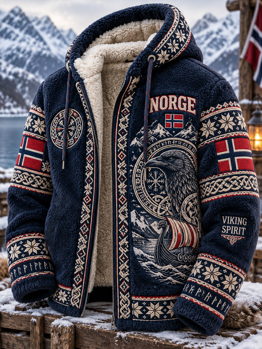 Herrjacka i vintagestil av flanell med vikingainspirerade mönster, med huva