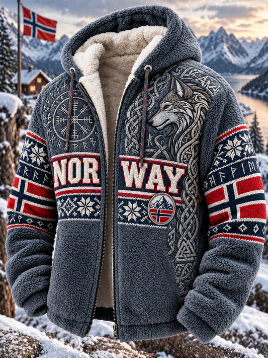 Herrjacka i vintagestil av flanell med vikingainspirerade mönster, med huva