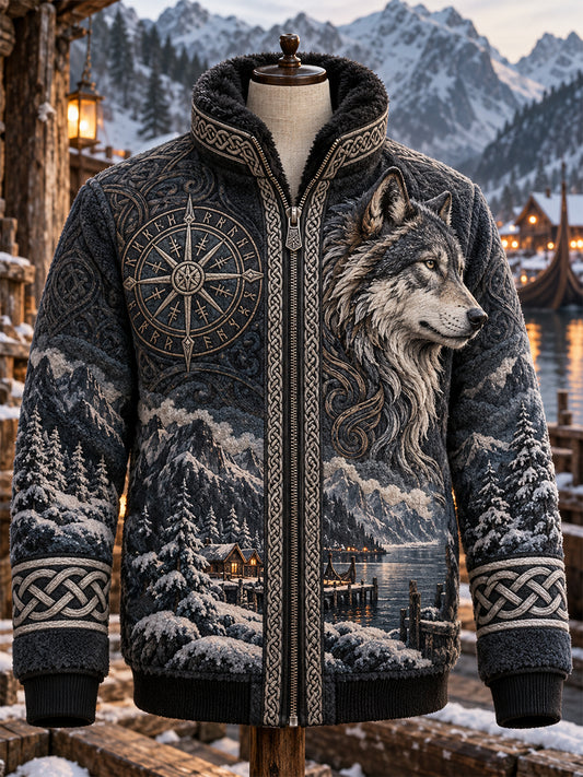 Herrjacka i retro nordisk vikingastil av flanell med dragkedja
