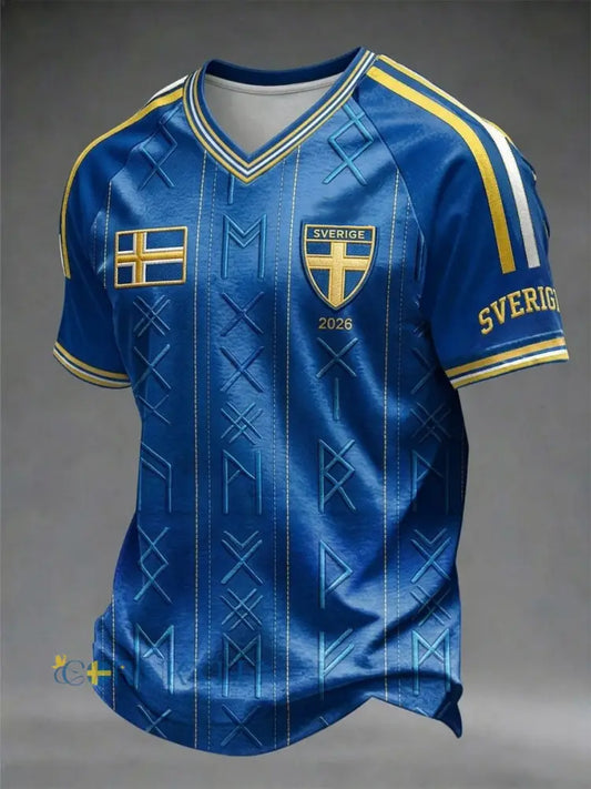 Svensk fotboll T-shirt med V-ringning och korta ärmarna för män - blå / S
