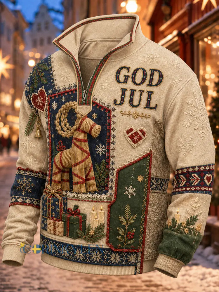 Svensk jultryckt casual sweatshirt med dragkedja för män - bäie / S