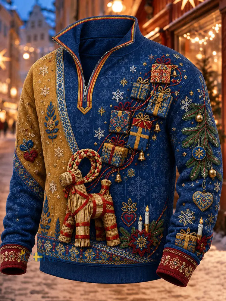 Svensk jultryckt casual sweatshirt med dragkedja för män - djupblåa / S